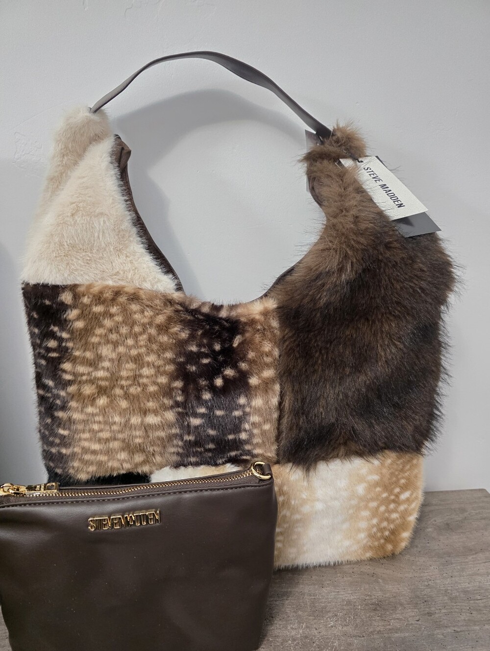 Steve Madden Faux Fur Brown Patchwork Hobo Shoulder Bag and Wristlet Pouch New